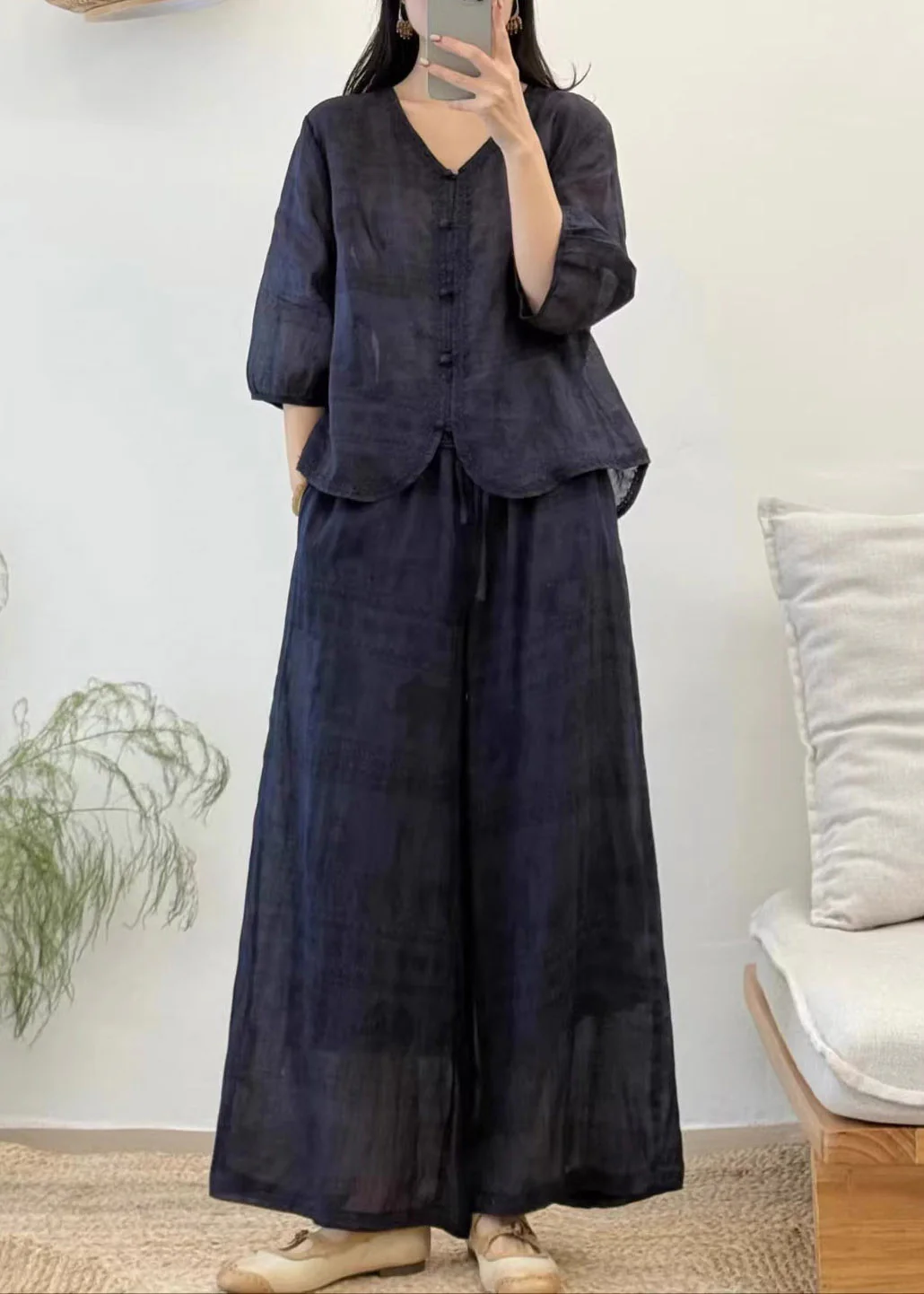 Vintage Red V Neck Patchwork Linen Shirt And Wide Leg Pants Two Pieces Set Summer - Image 4