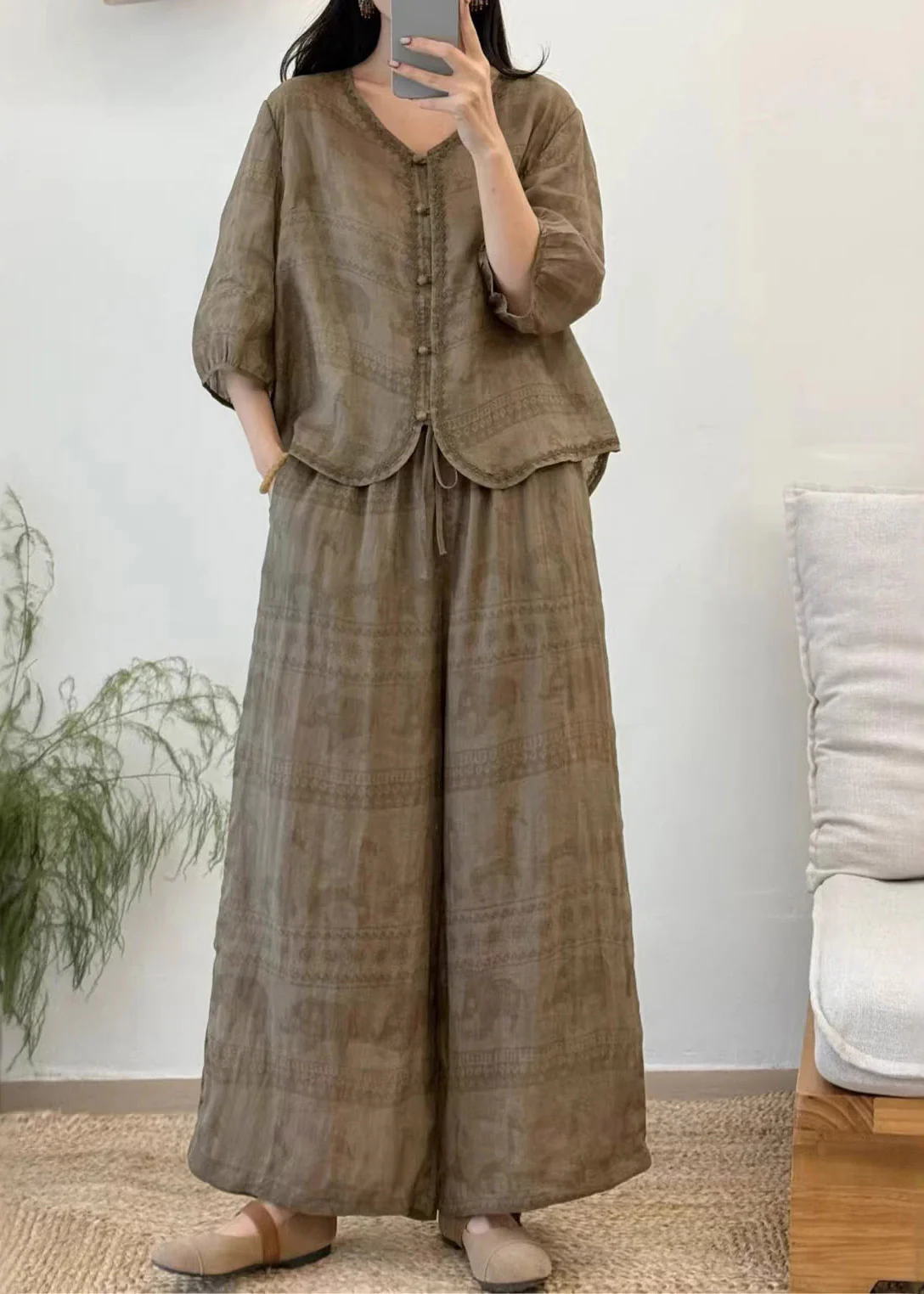 Vintage Red V Neck Patchwork Linen Shirt And Wide Leg Pants Two Pieces Set Summer - Image 5