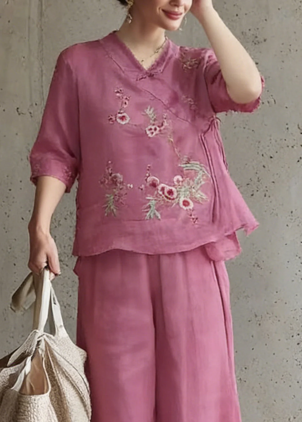 Vintage Rose Embroidered Tie Waist Top And Wide Leg Pants Two Pieces Set Half Sleeve - Image 2