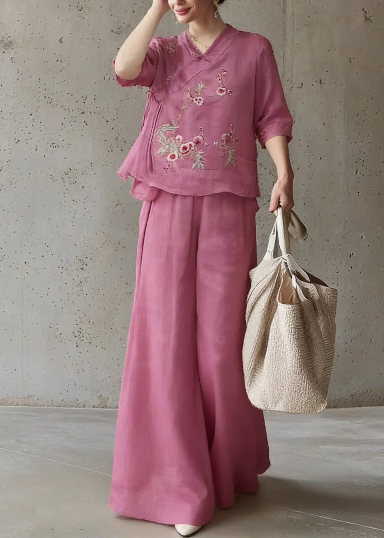 Vintage Rose Embroidered Tie Waist Top And Wide Leg Pants Two Pieces Set Half Sleeve - Image 3