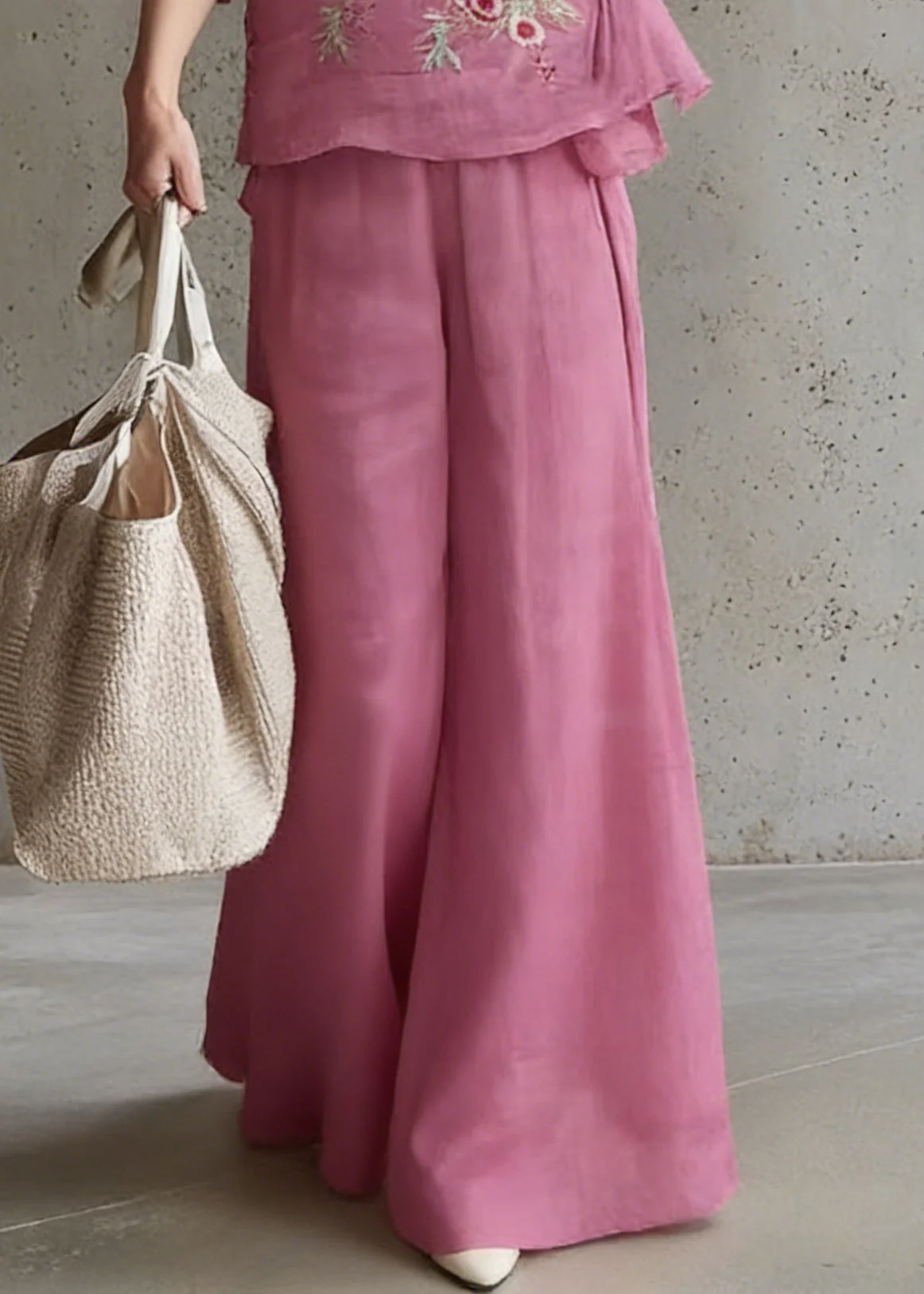 Vintage Rose Embroidered Tie Waist Top And Wide Leg Pants Two Pieces Set Half Sleeve - Image 4