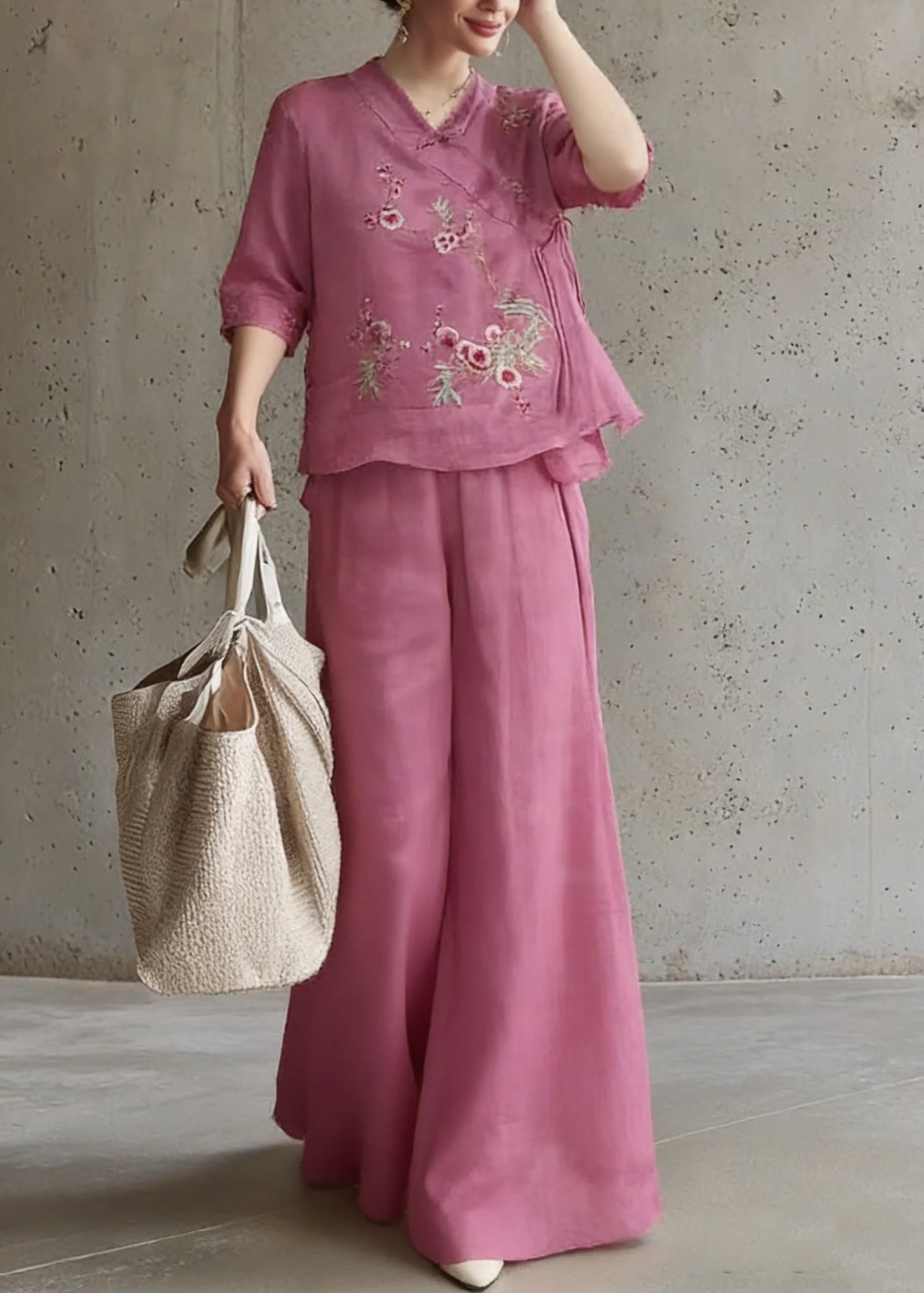 Vintage Rose Embroidered Tie Waist Top And Wide Leg Pants Two Pieces Set Half Sleeve - Image 5