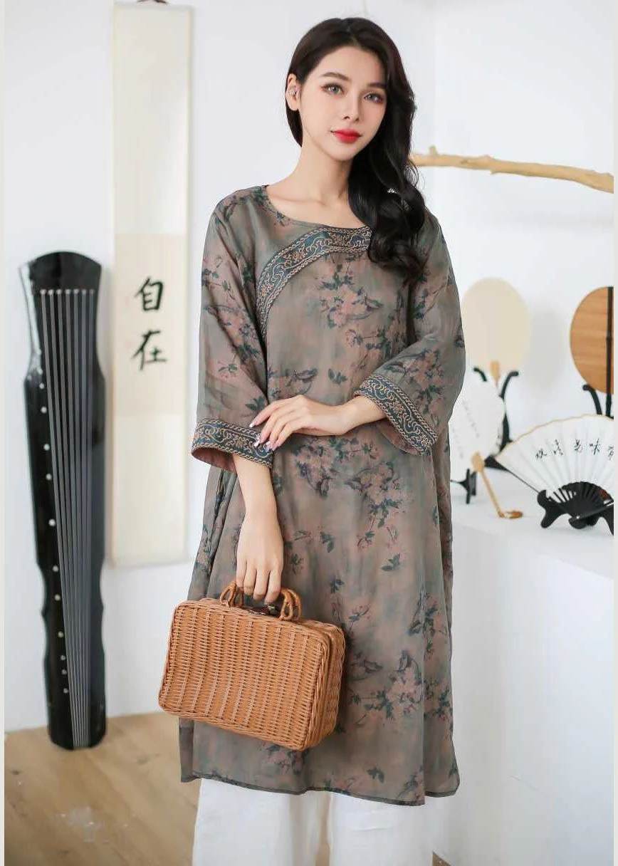 Vintage Rose Embroideried Print Patchwork Linen Mid Dress Spring - Image 2