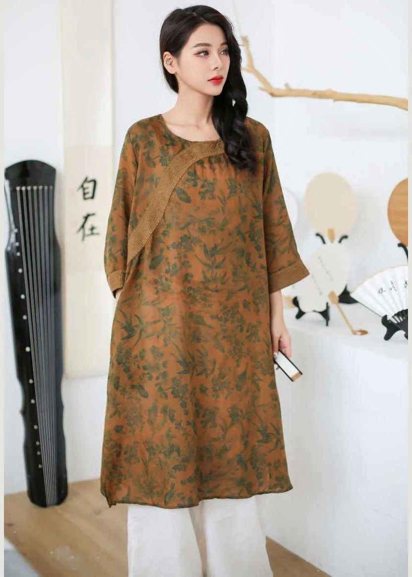 Vintage Rose Embroideried Print Patchwork Linen Mid Dress Spring - Image 3
