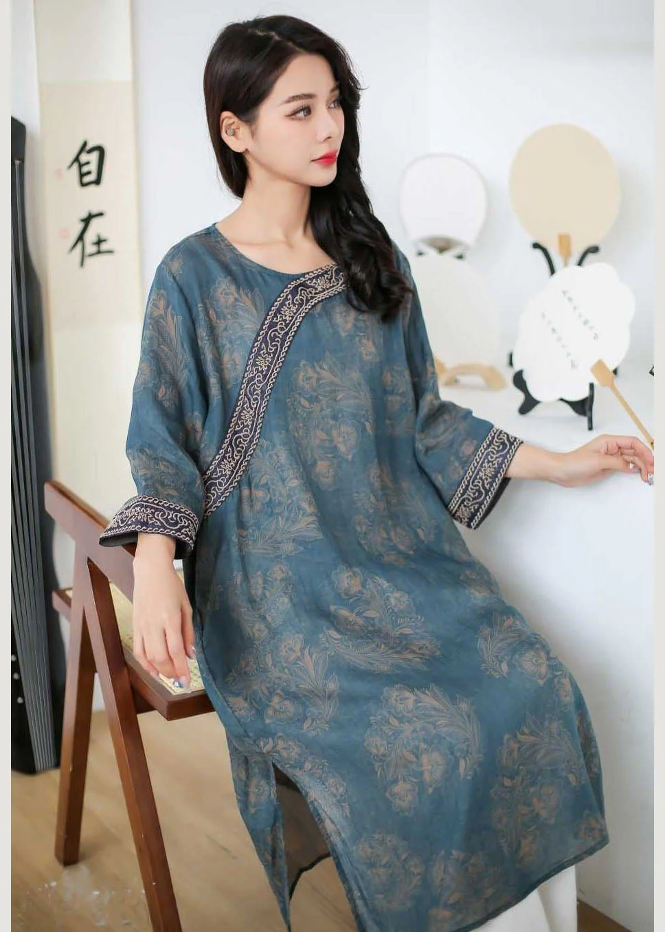 Vintage Rose Embroideried Print Patchwork Linen Mid Dress Spring - Image 4