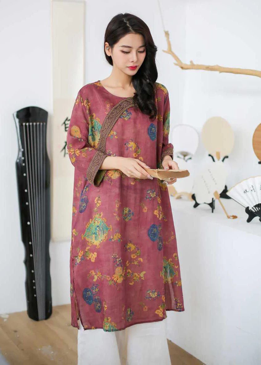Vintage Rose Embroideried Print Patchwork Linen Mid Dress Spring - Image 5