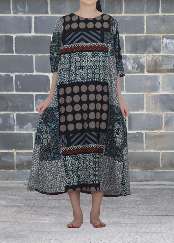 Vintage Rose O Neck Print Patchwork Cotton Dresses Summer - Image 2