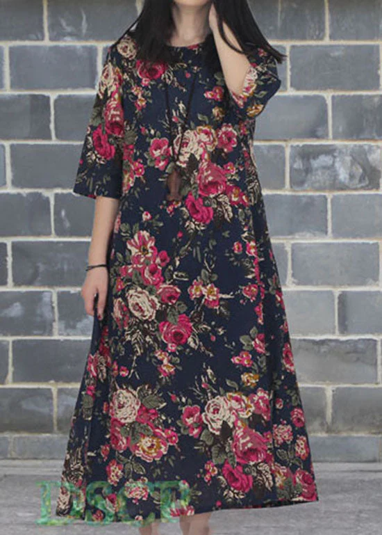 Vintage Rose O Neck Print Patchwork Cotton Dresses Summer - Image 3