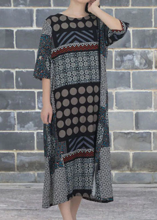 Vintage Rose O Neck Print Patchwork Cotton Dresses Summer - Image 4