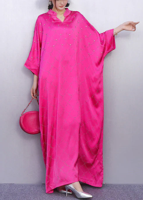 Vintage Rose Print Rhinestone Silk Vacation Dresses Batwing Sleeve - Image 2