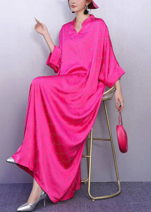 Vintage Rose Print Rhinestone Silk Vacation Dresses Batwing Sleeve - Image 3