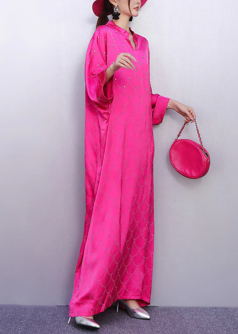 Vintage Rose Print Rhinestone Silk Vacation Dresses Batwing Sleeve - Image 4