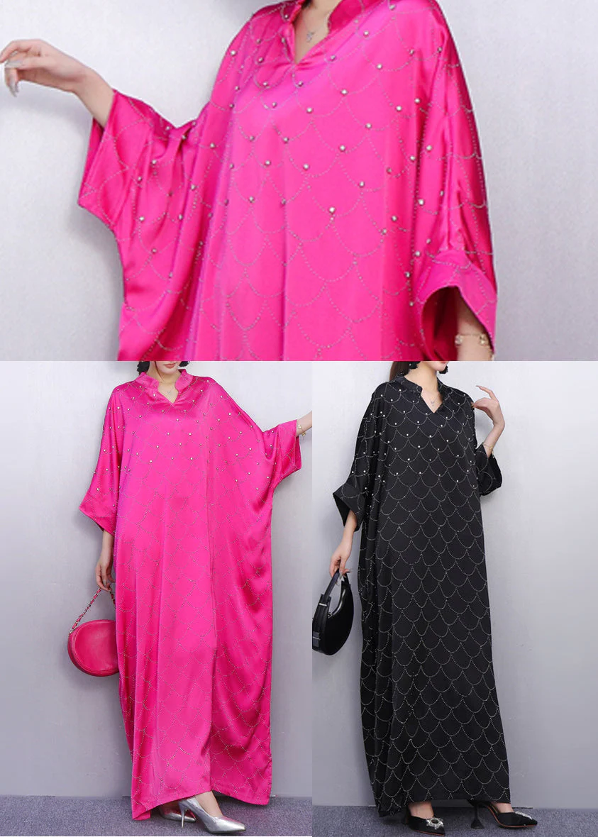 Vintage Rose Print Rhinestone Silk Vacation Dresses Batwing Sleeve - Image 5