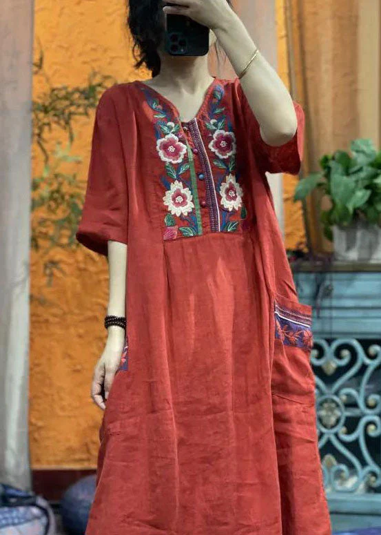 vintage rose red Embroideried V Neck Linen Dress Half Sleeve - Image 2