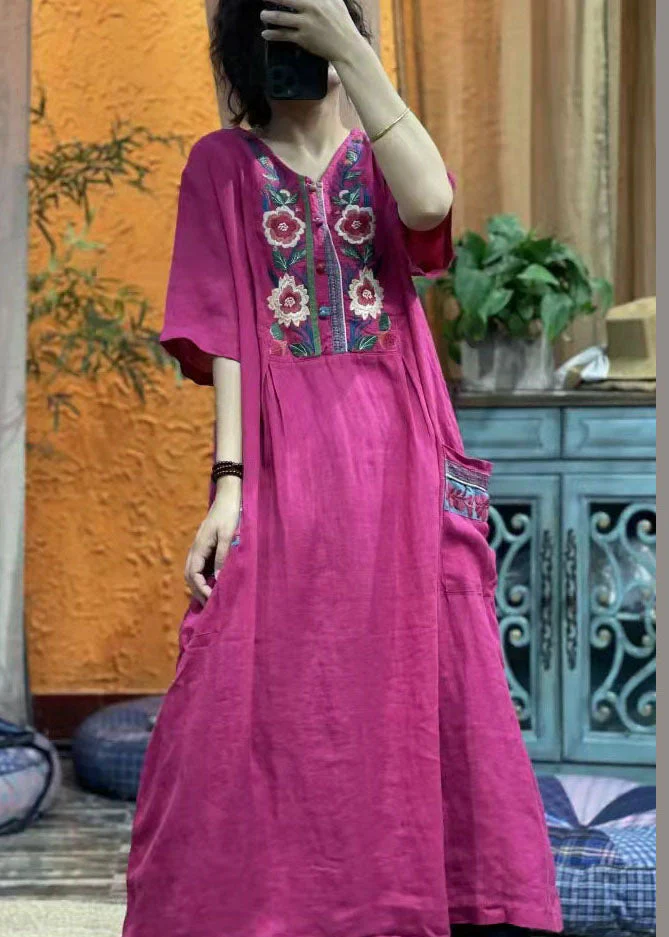 vintage rose red Embroideried V Neck Linen Dress Half Sleeve - Image 3