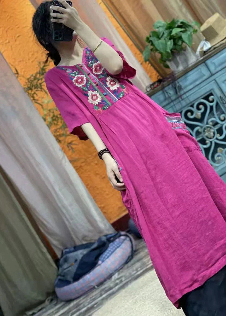 vintage rose red Embroideried V Neck Linen Dress Half Sleeve - Image 4