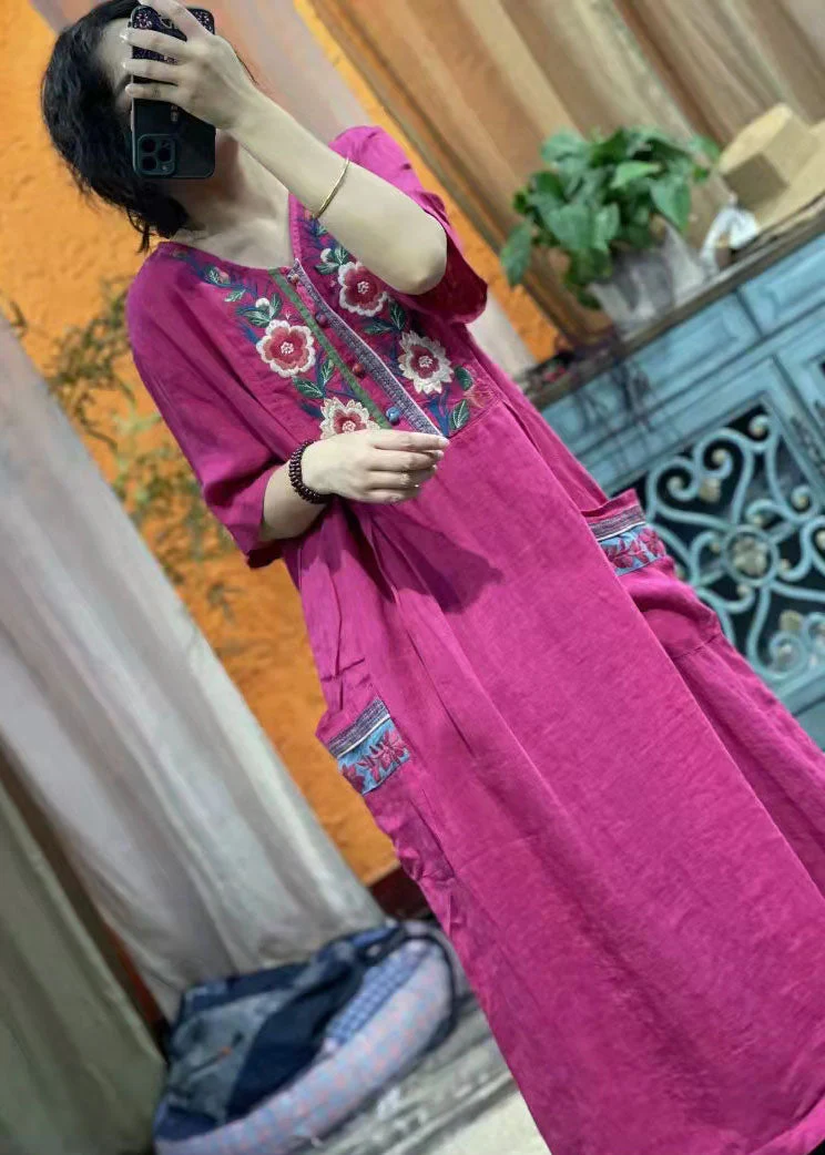 vintage rose red Embroideried V Neck Linen Dress Half Sleeve - Image 5
