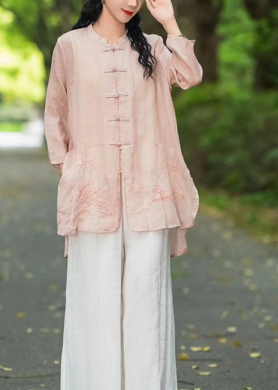 Vintage Rose Stand Collar Embroidered Chinese Button Linen Top Summer - Image 3