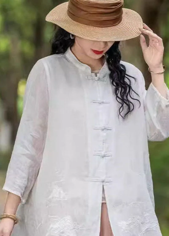 Vintage Rose Stand Collar Embroidered Chinese Button Linen Top Summer - Image 4