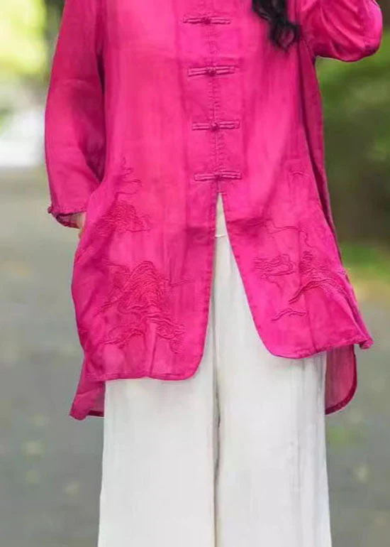 Vintage Rose Stand Collar Embroidered Chinese Button Linen Top Summer - Image 5