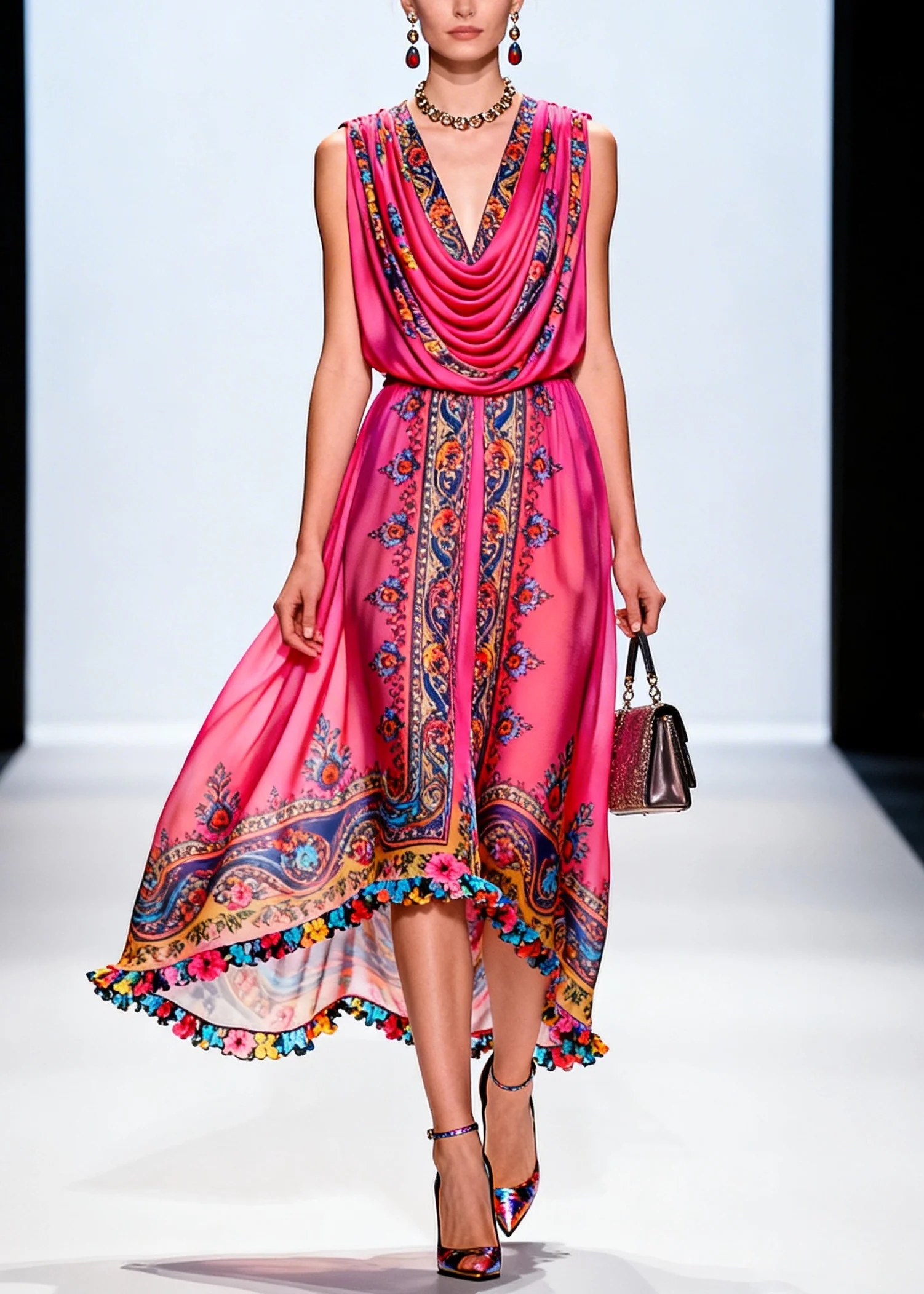 Vintage Rose Turtle Neck Print Chiffon Party Dress Sleeveless