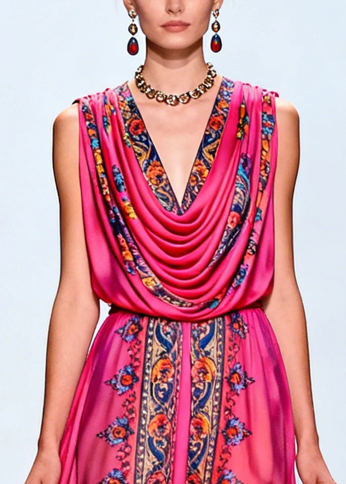 Vintage Rose Turtle Neck Print Chiffon Party Dress Sleeveless - Image 2