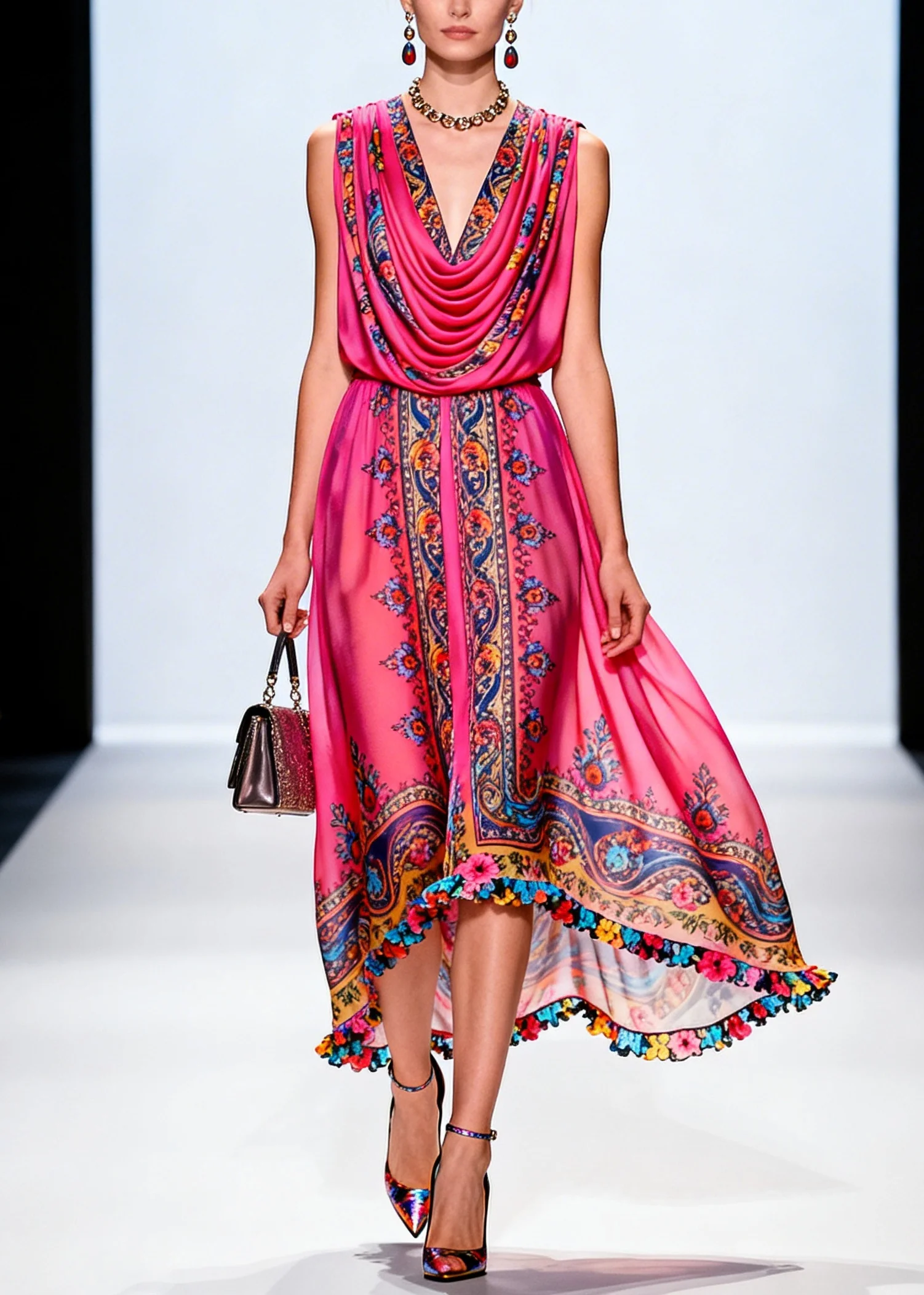 Vintage Rose Turtle Neck Print Chiffon Party Dress Sleeveless - Image 3