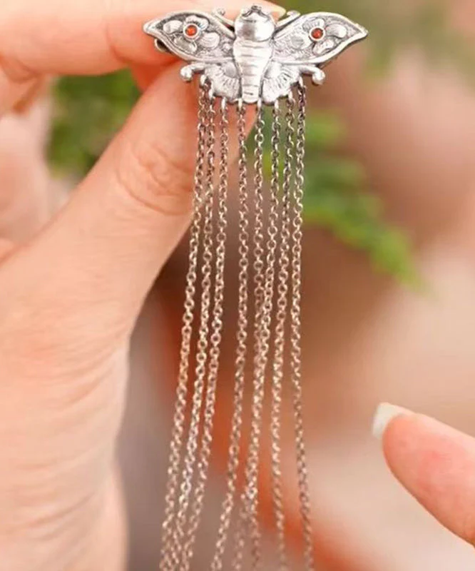 Vintage Silk Sterling Silver Butterfly Tassel Hairpin - Image 2