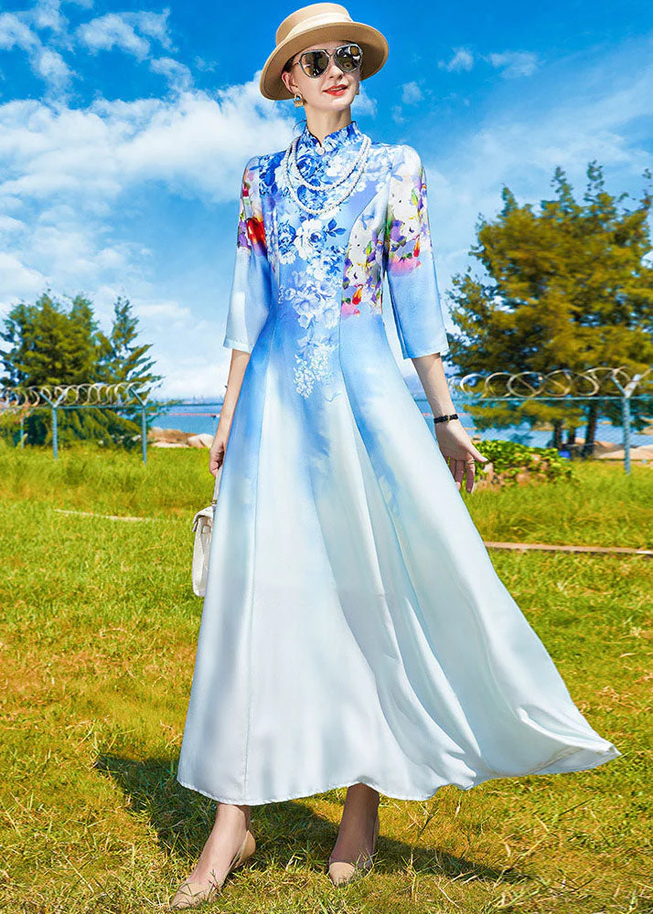 Vintage Sky Blue Stand Collar Print Exra Large Hem Silk Dress Cheongsam Bracelet Sleeve - Image 2