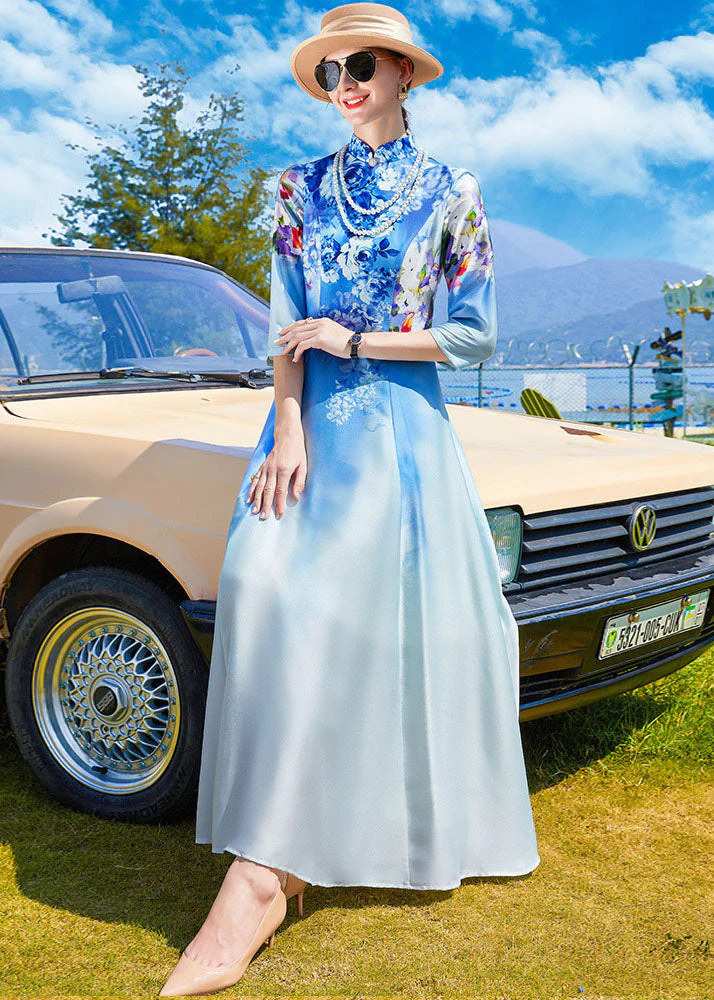 Vintage Sky Blue Stand Collar Print Exra Large Hem Silk Dress Cheongsam Bracelet Sleeve - Image 3