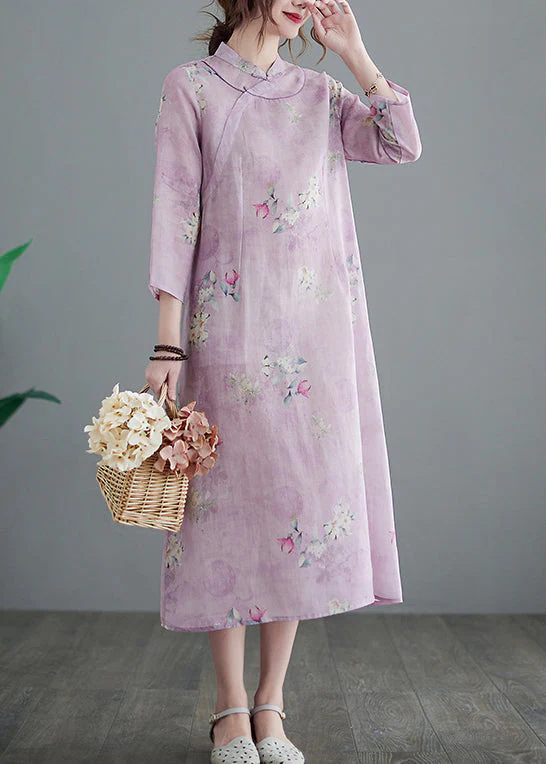 Vintage Stand Collar Button Print Linen Cheongsam Dress Three Quarter sleeve - Image 2