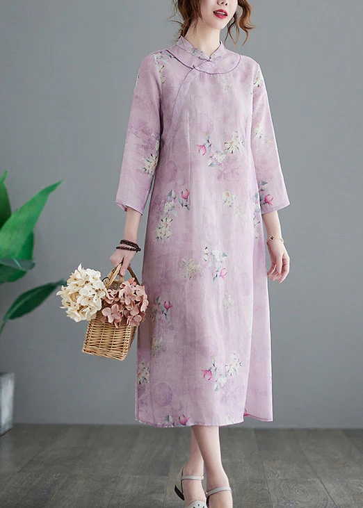 Vintage Stand Collar Button Print Linen Cheongsam Dress Three Quarter sleeve - Image 3