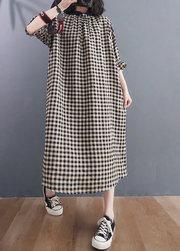 Vintage Stand Collar Large Plaid Linen Dress Petal Sleeve - Image 3