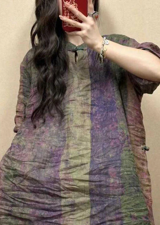 Vintage Stand Collar Oriental Button Cotton Mid Dress Summer - Image 4