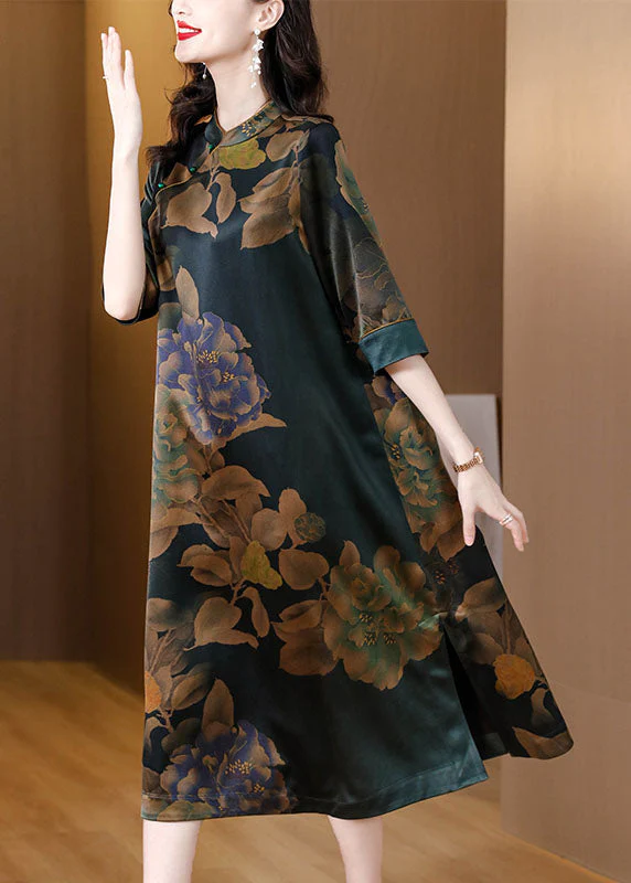 Vintage Stand Collar Print Button Silk Long Dress Fall - Image 3