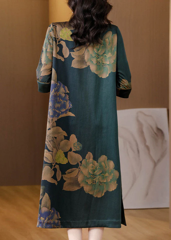 Vintage Stand Collar Print Button Silk Long Dress Fall - Image 4