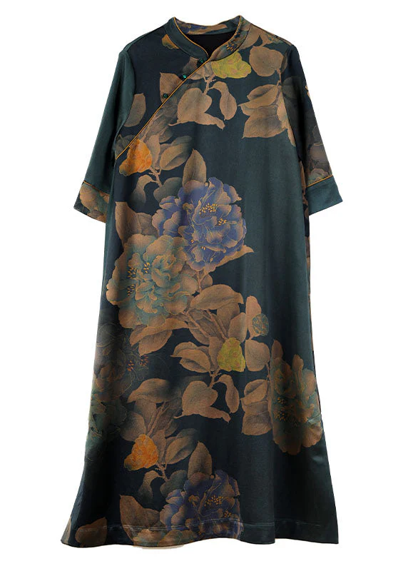Vintage Stand Collar Print Button Silk Long Dress Fall - Image 5