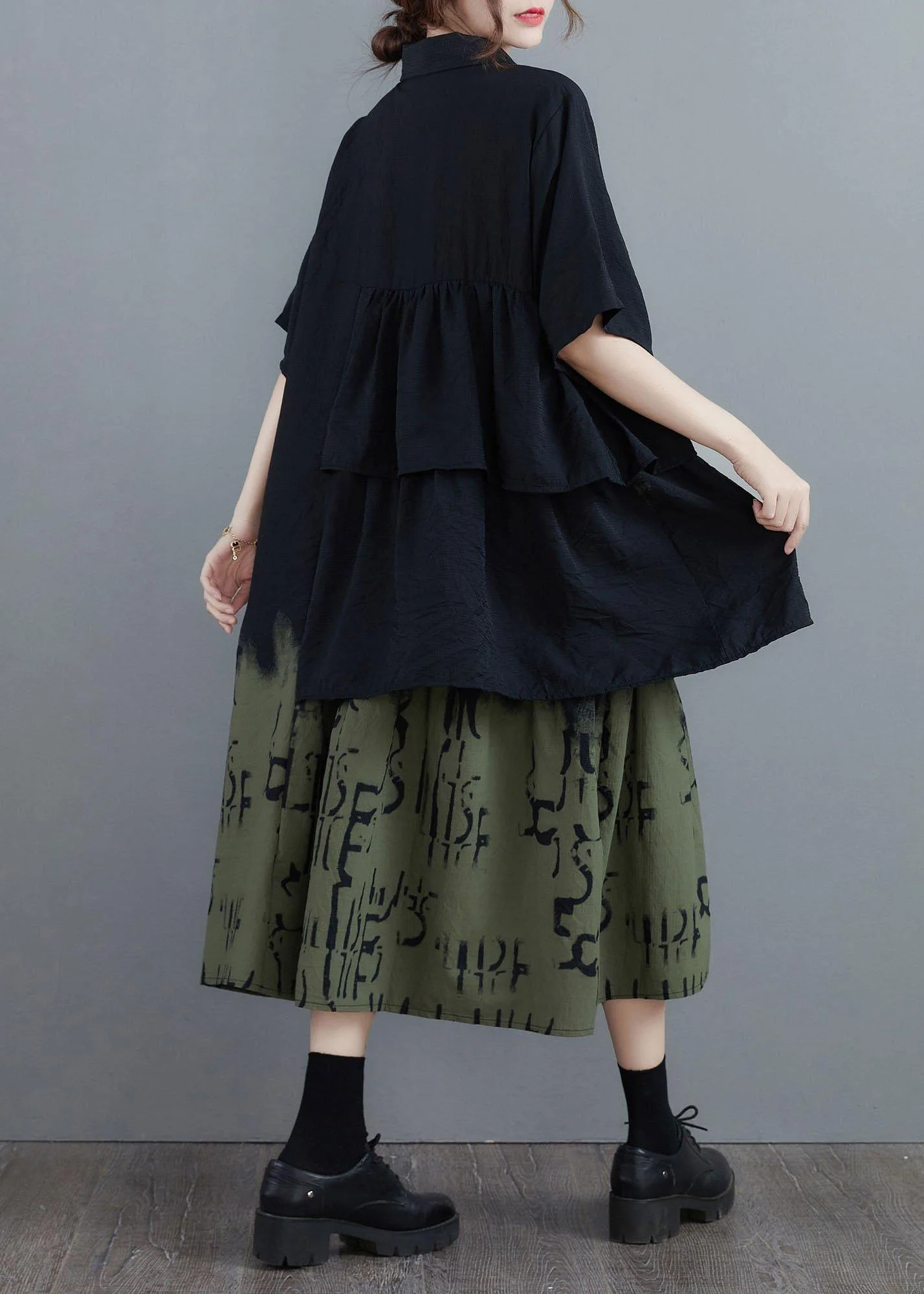 Vintage Stitching Contrast Fake Two-Piece Dress - Image 4