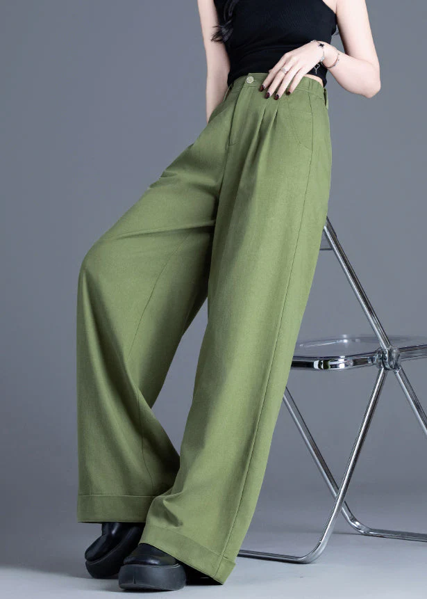 Vintage Tea Green Elastic Waist Cotton Wide Leg Pants Spring - Image 3