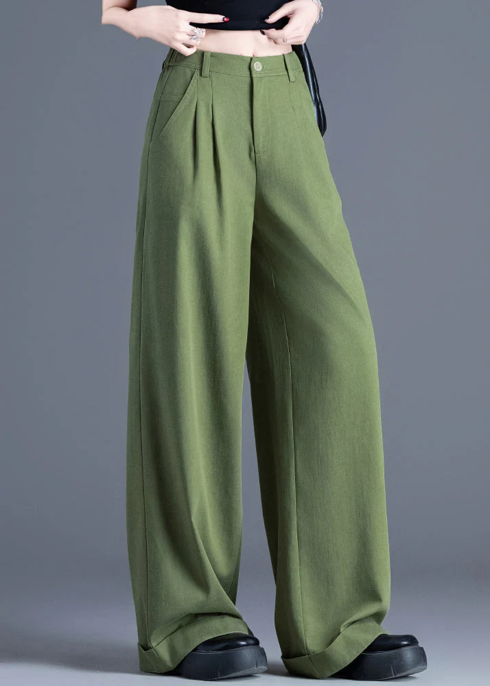 Vintage Tea Green Elastic Waist Cotton Wide Leg Pants Spring - Image 4