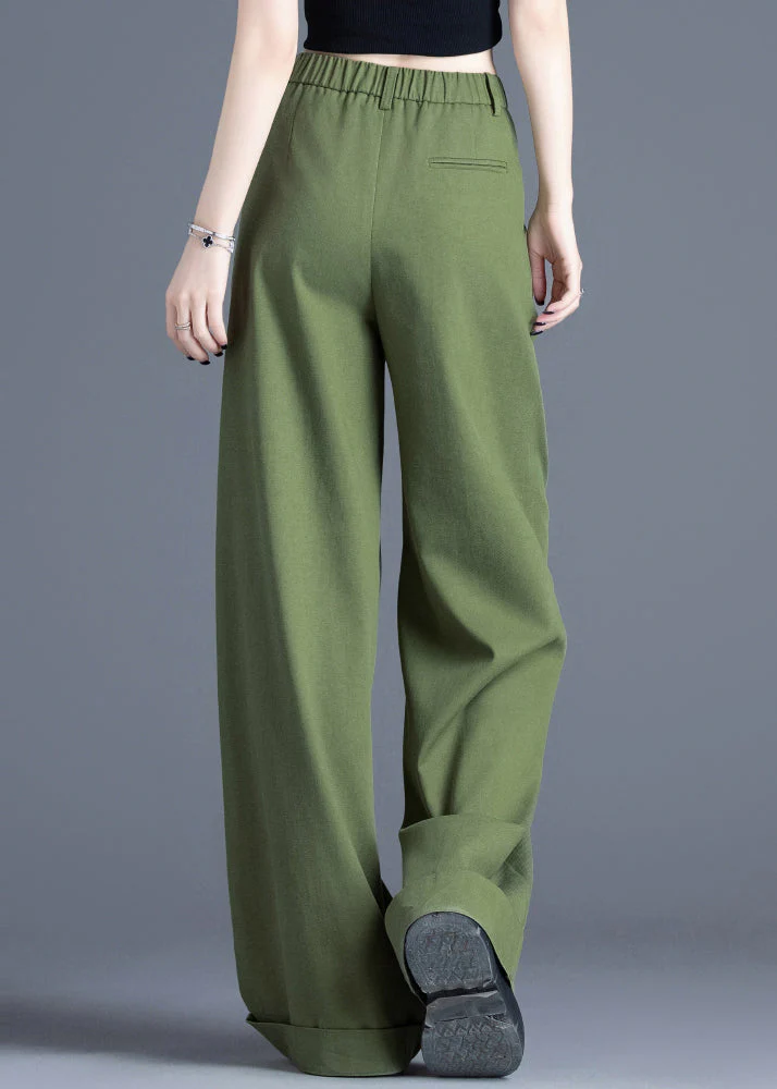 Vintage Tea Green Elastic Waist Cotton Wide Leg Pants Spring - Image 5