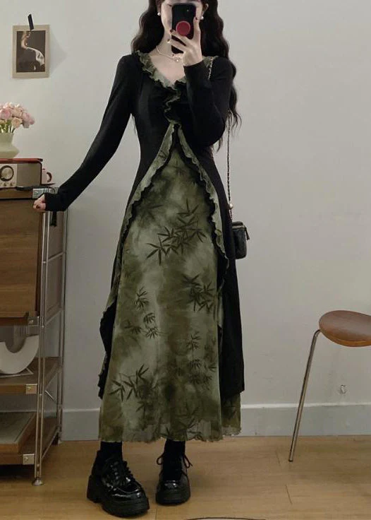 Vintage Tea Green Ruffled Patchwork Bamboo Print Cotton Dress Fall - Image 2