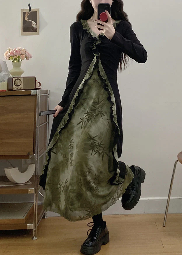 Vintage Tea Green Ruffled Patchwork Bamboo Print Cotton Dress Fall - Image 3