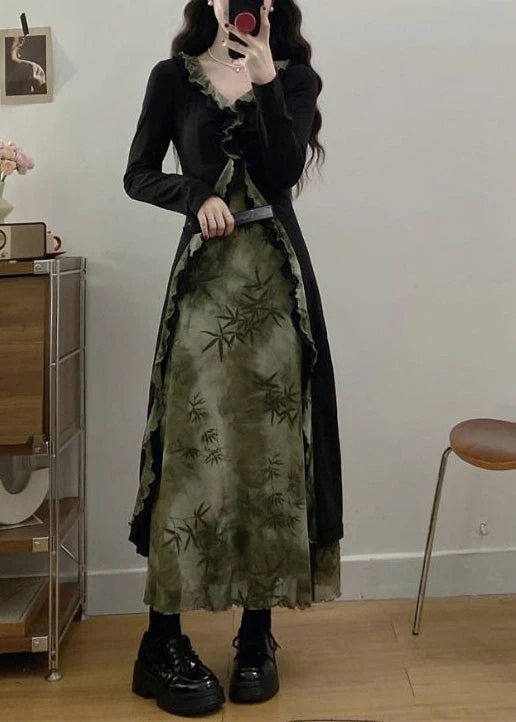 Vintage Tea Green Ruffled Patchwork Bamboo Print Cotton Dress Fall - Image 4