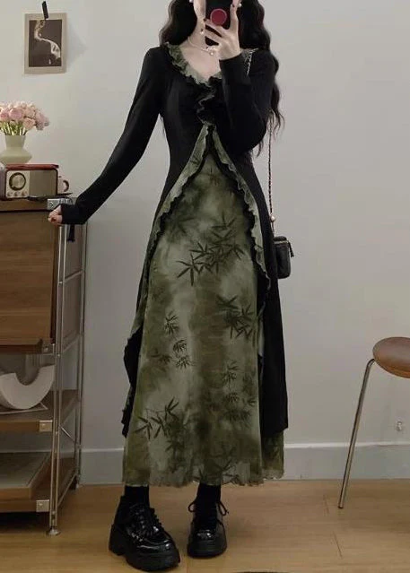 Vintage Tea Green Ruffled Patchwork Bamboo Print Cotton Dress Fall - Image 5