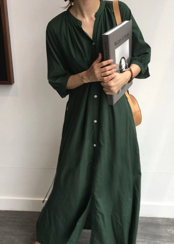 Vintage Tea Green side open Cotton shirt long Dress Half Sleeve - Image 2