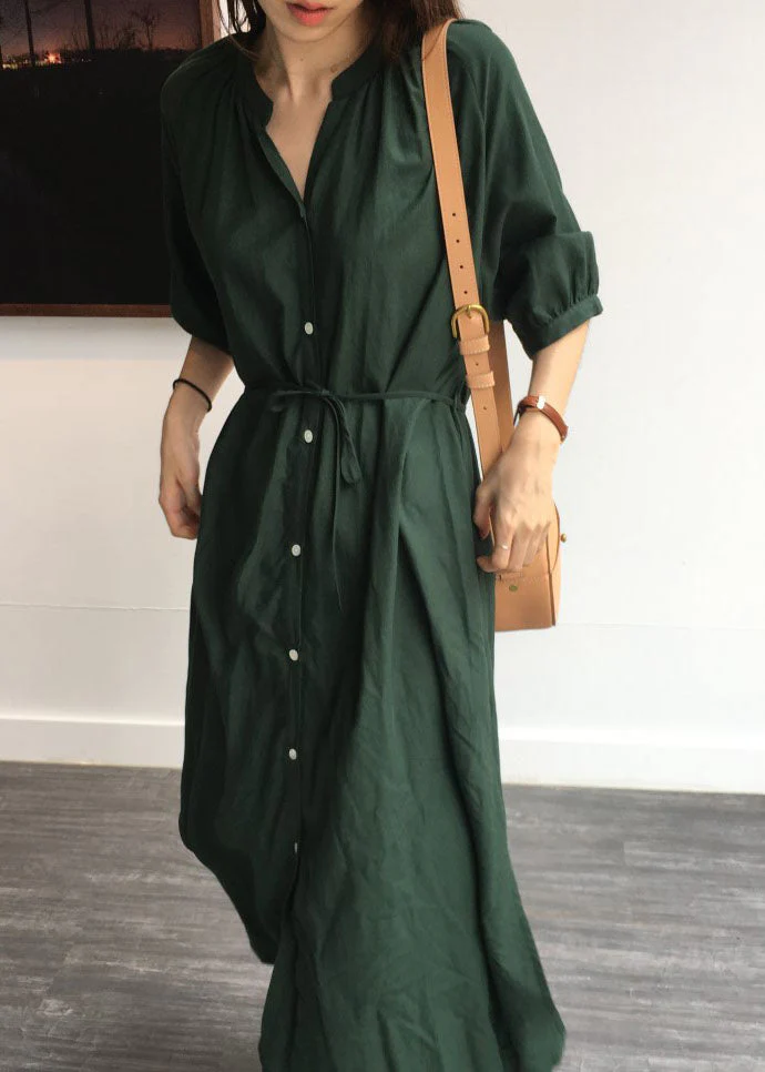 Vintage Tea Green side open Cotton shirt long Dress Half Sleeve - Image 3