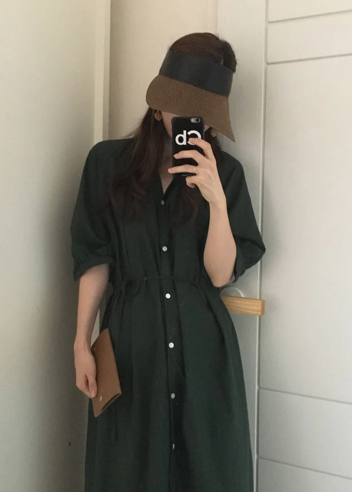 Vintage Tea Green side open Cotton shirt long Dress Half Sleeve - Image 4