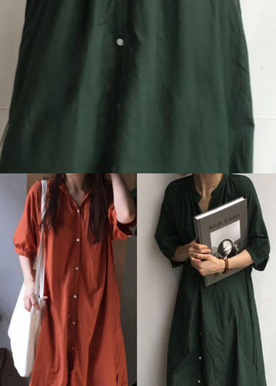 Vintage Tea Green side open Cotton shirt long Dress Half Sleeve - Image 5