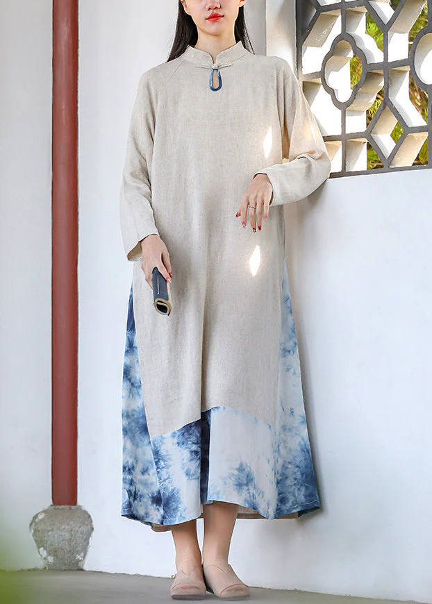 Vintage Tie Dye Stand Collar Pockets Cotton Long Dresses Fall - Image 2